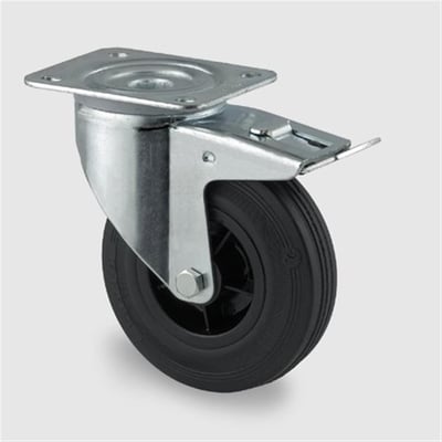 Tente drejeligt transporthjul med bremse, 160mm diameter, 135kg belastning og sort gummihjul.