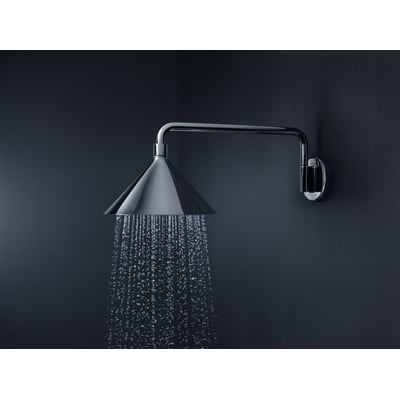Hansgrohe Axor Front hovedbruser i krom med 279mm hoved og 400mm brusearm, der afgiver vandstråler på mørk baggrund.