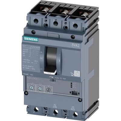 Siemens 3-polet maksimalafbryder 3VA2, 100A, byggestørrelse 160, med tydelig betjeningshåndtag og mærkat med produktinformation.