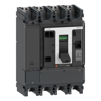 Schneider Electric ComPacT NSX630NA DC 4-polet lastadskiller med grå betjeningsgreb og grøn OFF-indikator.