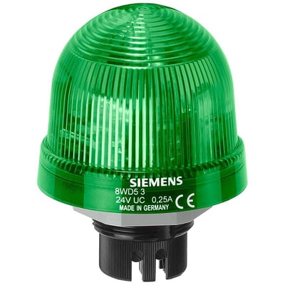 Siemens integreret signallampe med konstant grønt lys, 70mm diameter og 12-230V. Mærket 'Made in Germany'.