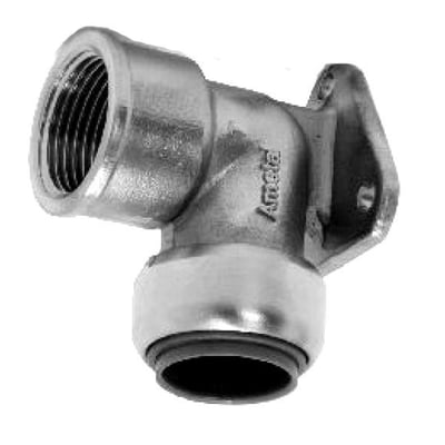 Roth dækvinkel 22mm x 3/4" i rustfrit stål, vist med muffesamling og 90 graders bøjning.