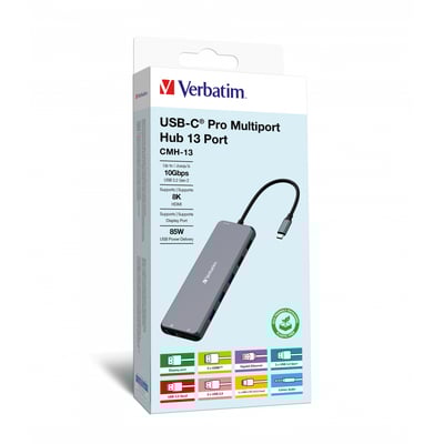 Verbatim USB-C Pro Multiport Hub CMH-13 i grå, med oversigt over porte og specifikationer på emballagen.