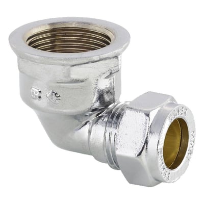 Conex kompressionsvinkel af messing med forkromet overflade, 90° og 12 mm x 3/8" til PEX og kobberrør.