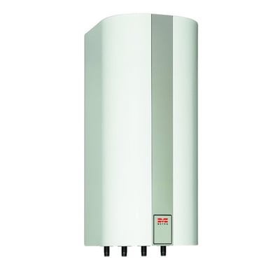 Detaljebillede af Metro 110 liter VVB, der viser de fire tilslutningsrør på undersiden af den trykfaste vandvarmer.