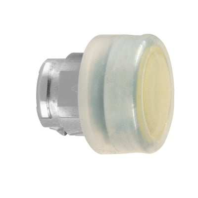 Schneider Electric ZB4 trykknap med gul betjeningsknap og klar hætte, med kromfarvet frontring og Ø22mm monteringsdiameter.