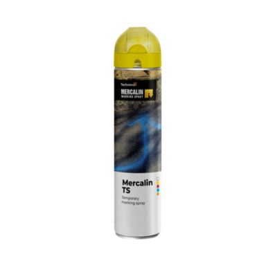 Mercalin markeringsspray 600ml i dåse med gul hætte, mærket "Mercalin TS temporary marking spray" på grålig baggrund.
