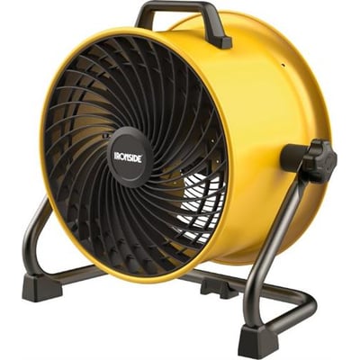Ironside industriventilator på 41 cm og 110 W, set skråt forfra med gul blæserhus, sort gitter og bærehåndtag.