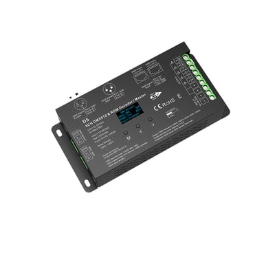 Sort 5-kanals DMX512- og RDM-dekoder/master til 12–24 V DC med display, grønne klemmer og monteringsører.