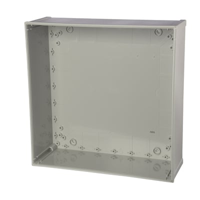 En Fibox EKI43/40T kapslingsbund i grå ABS-plast med monteringshuller og forstærkninger, vist uden låg.