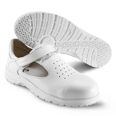Sika Footwear Fusion sandal i hvid med velcro lukning og perforeret overdel, str. 38, med skridsikker ydersål.