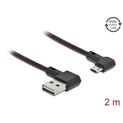 Sort DeLock USB 2.0-kabel på 2 meter med flettet udseende og vinklede EASY-USB Type-A- og Micro-B-hanstik.