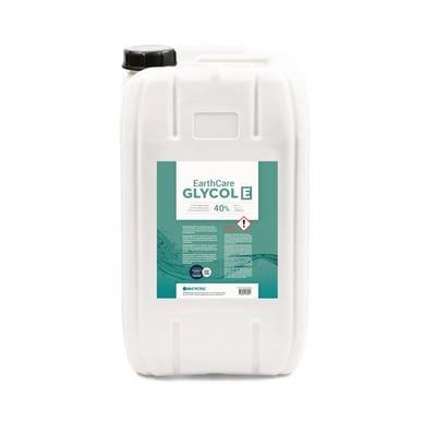 Hvid dunk med sort låg med Earthcare monoetylenglykol, 40 % koncentration og 25 l indhold.