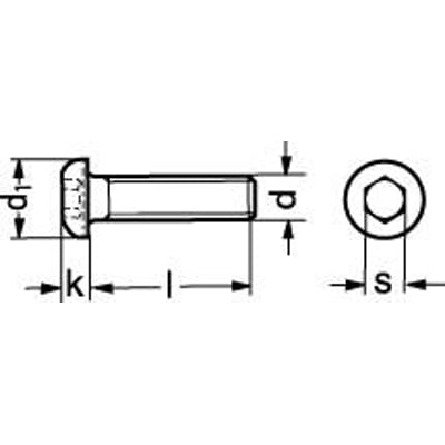 Teknisk tegning af M4x8 sort button head skrue med indvendig 6-kant, viser dimensioner som d, k, l og s. Skruen er vist fra siden og ovenfra.