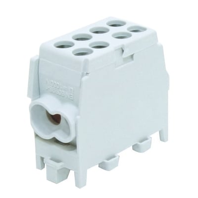 Pollmann HLAK klemme i grå plast, med plads til 6 ledere og dobbelt skrueindgang for optimal forbindelse.
