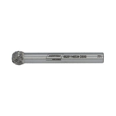 Norton BDX hårdmetalfræser i form D, 8 x 6,3 x 52 mm, set fra siden med skærende fræsehoved og skaft.