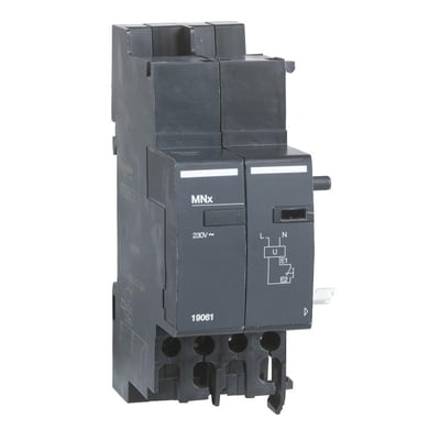 Schneider Electric Acti9 MNx underspændingsspole til 230V AC, vist på hvid baggrund med synlig mærkning og terminaler.