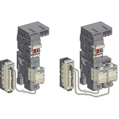 Schneider Electric TeSys U starter med tilsluttet splitterboks med 8 RJ45 porte og kabler, vist i et installationsskema.