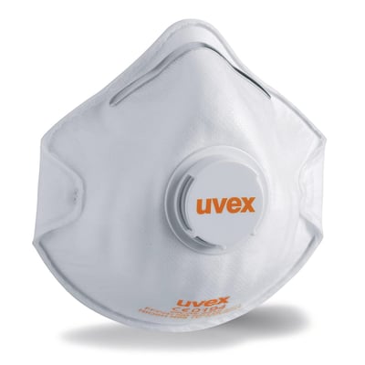 Hvid Uvex classic 2210 FFP2-støvmaske med udåndingsventil og formet næsebøjle, set forfra.