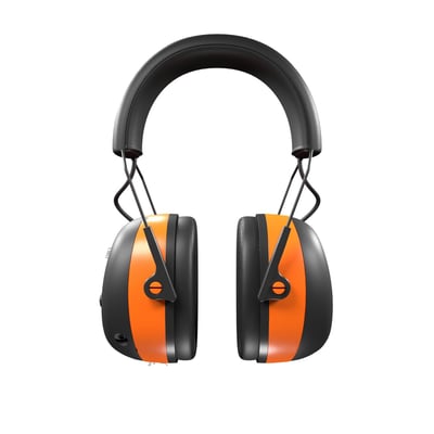 ISOtunes Air Defender Orange høreværn vist forfra, med markante orange striber og sort hovedbøjle.