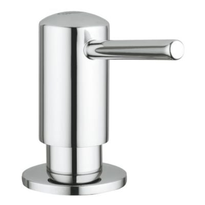 Nærbillede af Grohe Contemporary sæbedispenser i krom, der viser den blanke finish og detaljer på pumpe og base.