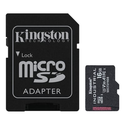 Sort Kingston 16 GB microSDHC Industrial-kort ved siden af den medfølgende SD-adapter.