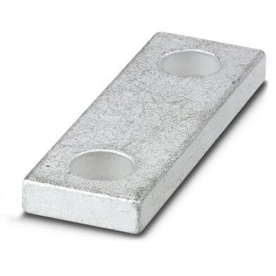 Feed-through terminal block RBO 12-VS 2 fra Phoenix Contact, en rektangulær metalforbindelseskomponent med to runde huller.