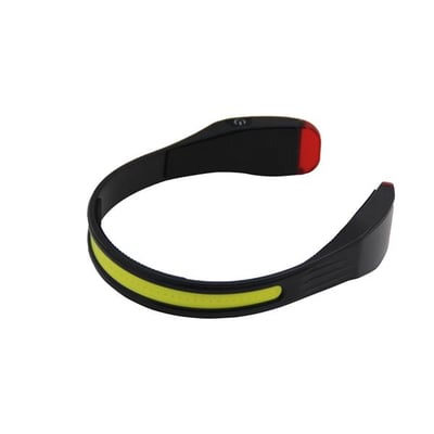 Ironside genopladelig pandelampe med sort bøjle, gul LED-strip foran og røde lysfelter ved enderne.