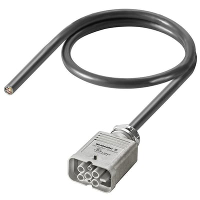 Weidmüller-kabel til overførsel af elektrisk energi med sort ledning, synlige ledere og metalstik.