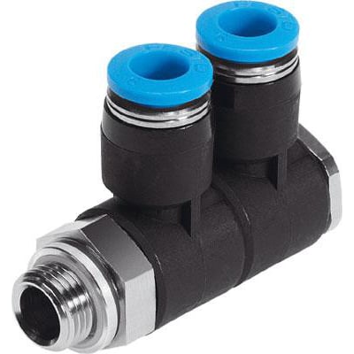 Festo multifordeler QSLV2-G1/8-6 med to blå koblingsstykker og en G1/8 gevindtilslutning i metal.