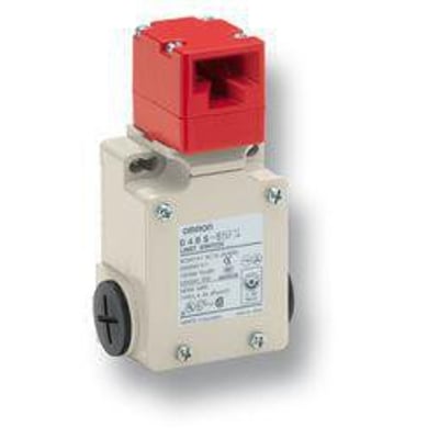 Omron D4BS-2AFS sikkerhedslåsemekanisme med 2 NC kontakter og 10A strømstyrke, vist i et let skyggefuldt miljø.