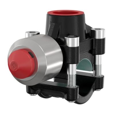 Detaljeret billede af Flamco T-Plus anboringstee med synlige bolte og støbejernskonstruktion, viser den sorte coatede overflade og 3/4" tilslutning.