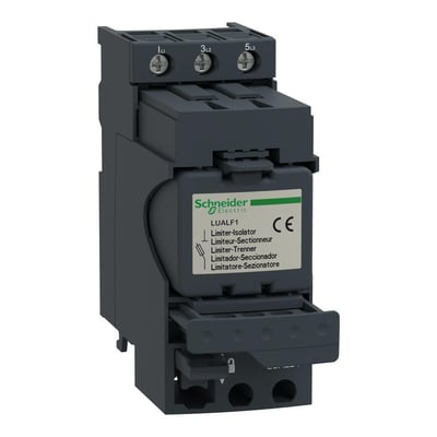 Schneider Electric strømbegrænser LUALF1 med 440V spænding og mærkat med CE-godkendelse, monteret på en hvid baggrund.