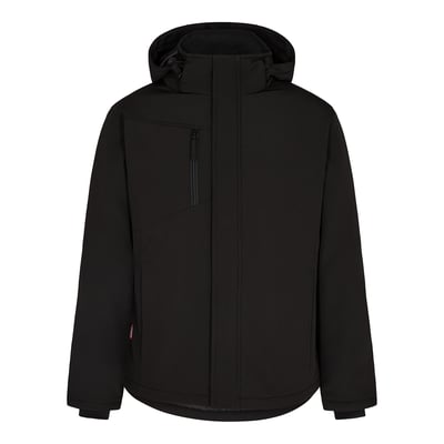 Engel Extend softshell vinterjakke i sort, størrelse XS, med hætte og lynlåslomme på fronten.