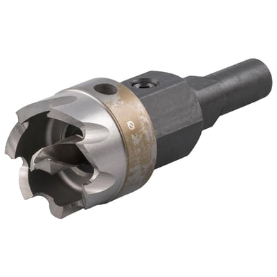 Bor til anboring med en diameter på 50-63mm, fremstillet af metal med skarpe skærekanter og en sekskantet tilspidsning.