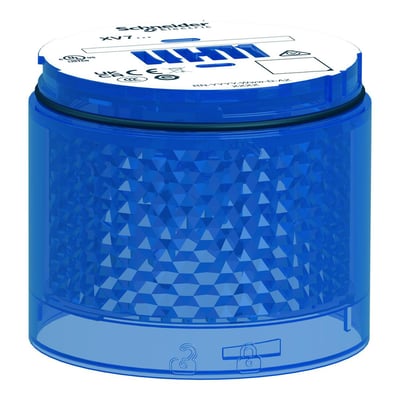 Schneider Electric blå LED lysmodul, 70mm diameter, med fast lys og diamantformet reflektor forsynet med mærkningssymboler.