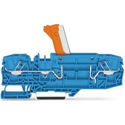 Wago WSB lynmærke, serie 209, med blå plast og orange vippe for nem montering på bredde 5-17,5 mm.