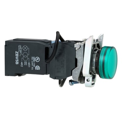 Schneider Electric grøn pilotlampe, 440-460VAC, med LED og transformer, vist fra siden med metalbeslag.