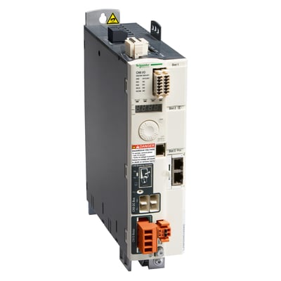 Schneider Electric LXM32 modular servodrev med 30A peak, 1x230V, viste front og side med diverse tilslutninger.