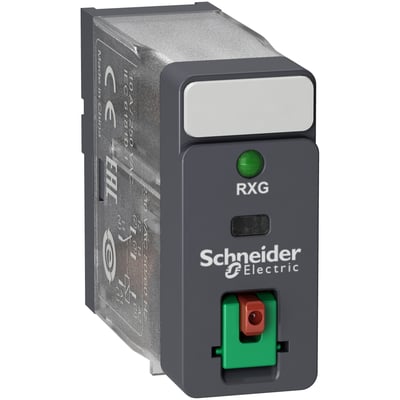 Schneider Electric Harmony RXG stikbensrelæ med 1 C/O kontakt, 10A, 120V AC, grå med grøn og rød betjeningselement.