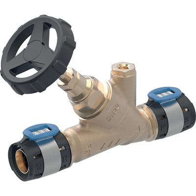 Geberit FlowFit afspærringsventil i 16 mm rødgods vist fra siden med et sort plastikhåndtag og blå markeringer på tilslutningerne.