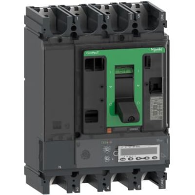 Schneider Electric ComPacT NSX630R M63E maksimalafbryder med 4 poler og 630A kapacitet, vist med frontbetjent håndtag og digitalt display.