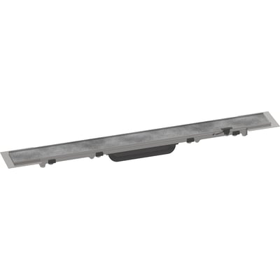 Hansgrohe afløbsrende 600 mm med rammeløst design og flisebar rist i rustfrit stål, vist fra en skrå vinkel med synlige monteringsdetaljer.