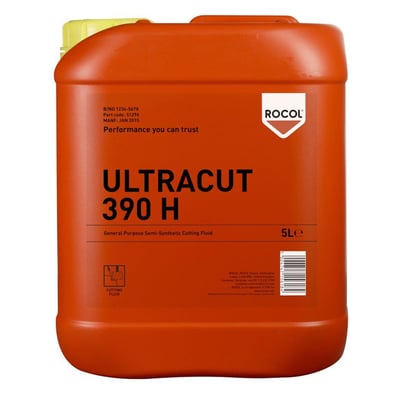 Detaljeret frontbillede af Rocol Ultracut 390H 5 liters emballage, med produktinformation og stregkode synlig på den orange beholder.