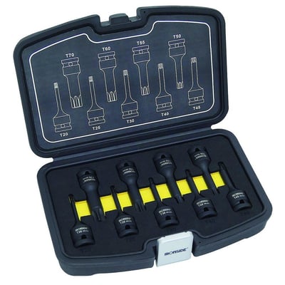 Åben æske med Ironside krafttoppesæt Torx, 1/2", 78 mm, med toppe mærket fra T20 til T70.