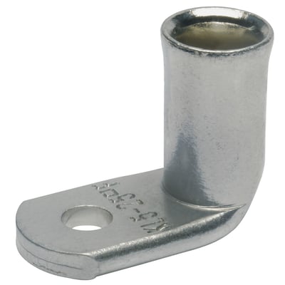 Klauke vinkelkabelsko med 90 graders bøjning, 16 mm² tilslutning og M6 bolt hul i sølvfarvet metal.