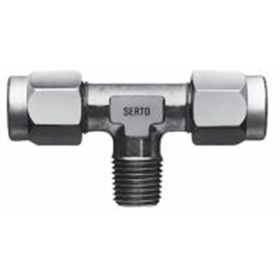 L-messing T-rør med udvendig gevind, 1/4''-06-06, fremstillet af CuZn 40Pb 2/CuZn 39Pb 3, max 125 bar tryk.