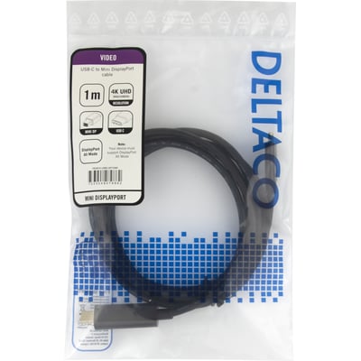 Sort USB-C til Mini DisplayPort-kabel, 1 meter og 4K UHD, vist sammenrullet i den gennemsigtige emballage.
