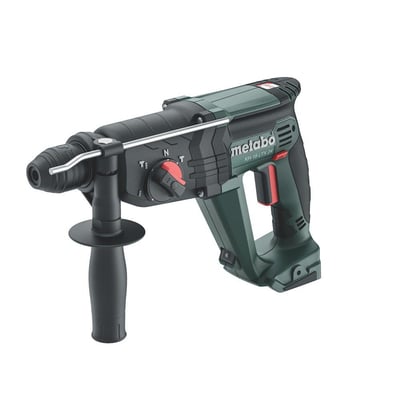 Detaljeret billede af Metabo KH 18 LTX 24 kombihammer, der viser Vario-elektronik, SDS-Plus chuck og LED-lys.