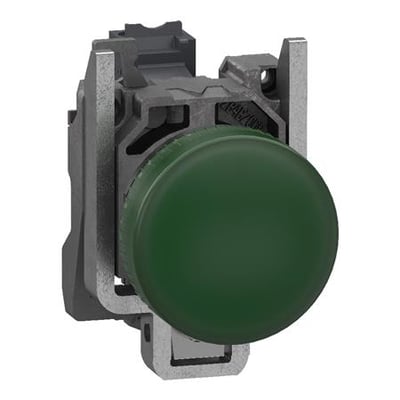 Schneider Electric grøn signallampe med LED, 24VAC/DC. Fremviser push-in fjederklemmer og kompakt metalkabinet.